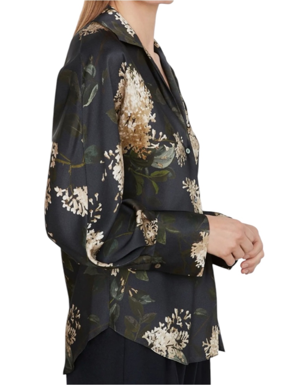 Vince Silk Camilla Button up Dark Floral Blouse Top Size XS Collar Black Cream - Picture 2 of 16